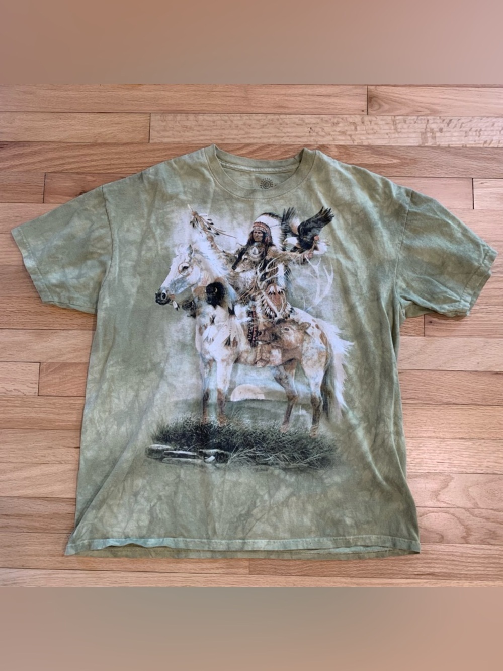The Mountain Native American on Horse Tie Dye T Shirt‎ Eagle Size XL Green